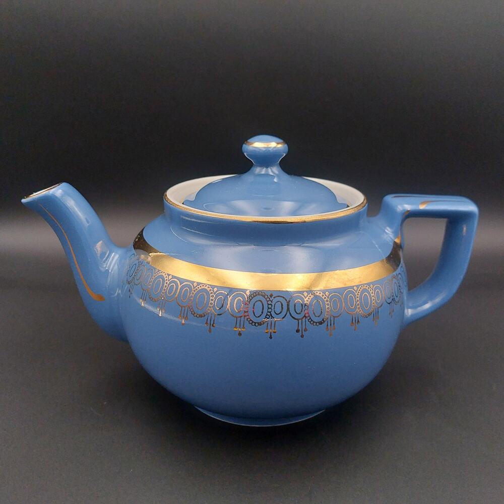 Vintage Hall China Blue Teapot with 22K Gold Trim, Art Deco Tilted Ball Tea Pot